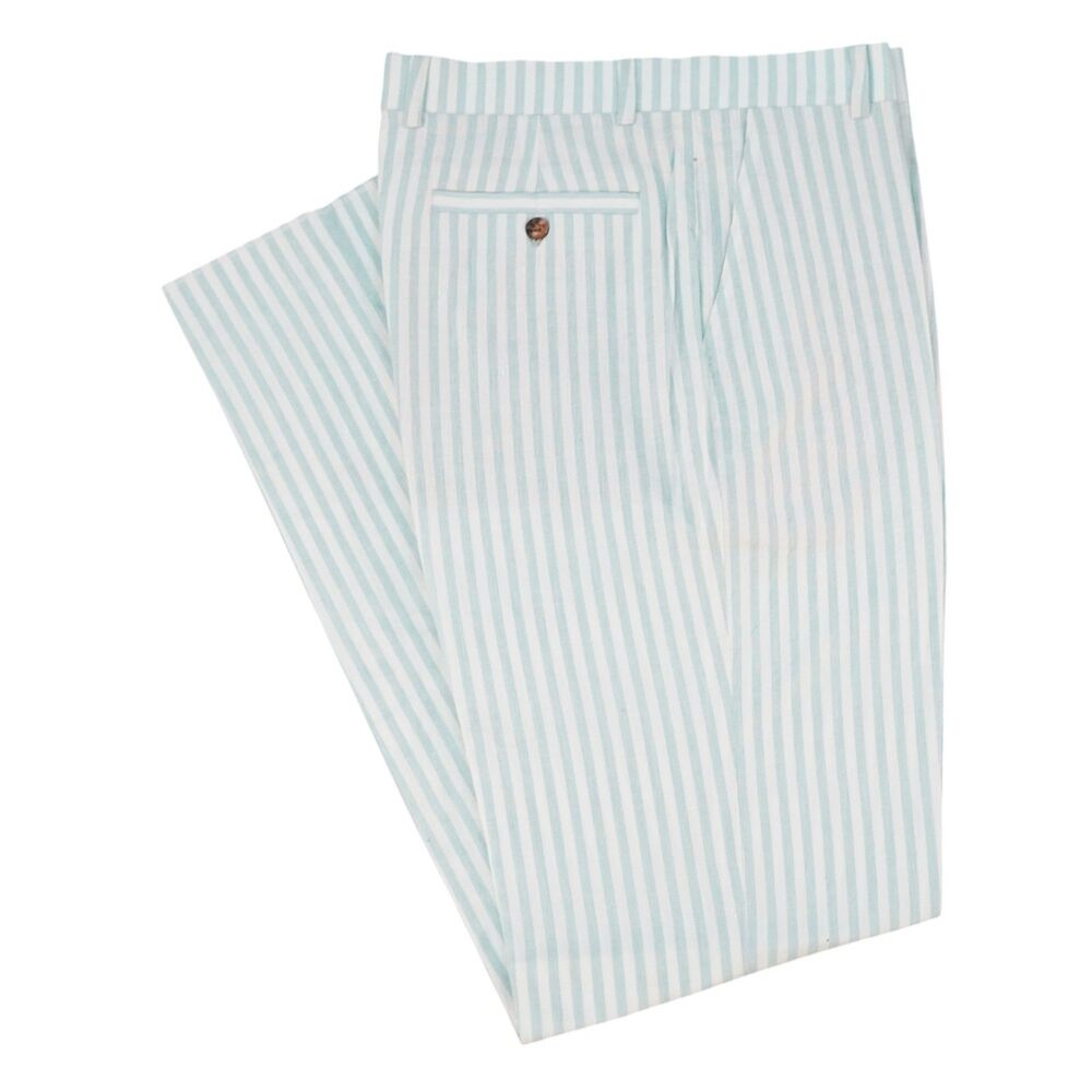 Mens 32 Sky Blue White Stripe Pants Cotton Flat Front Straight Fit Trousers NWT